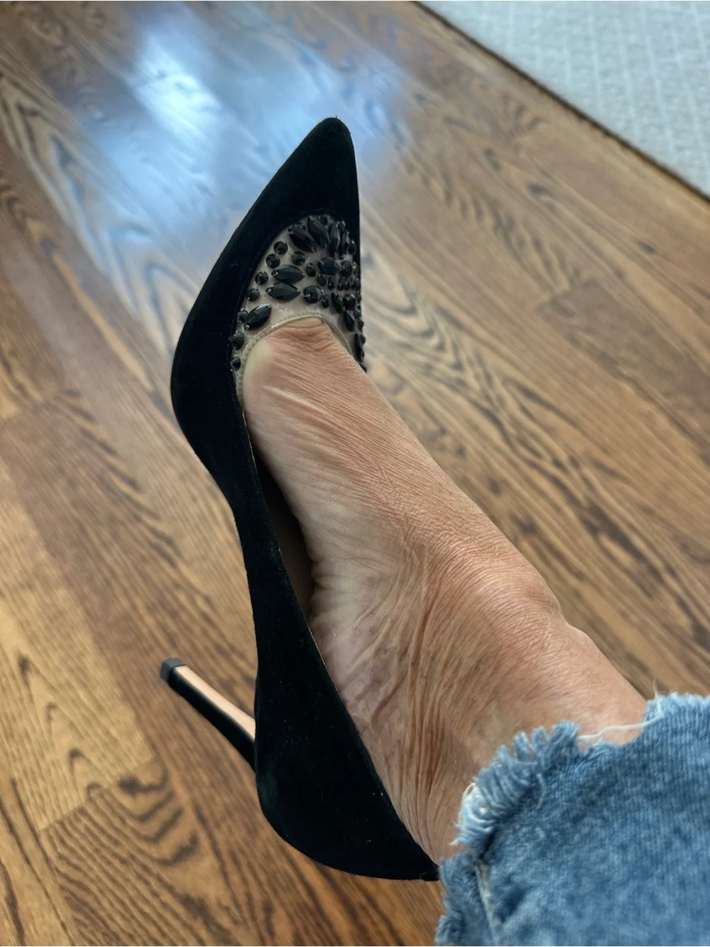 Tory Burch Black Suede Pointed Toe Pumps with Silver Floral Cutout